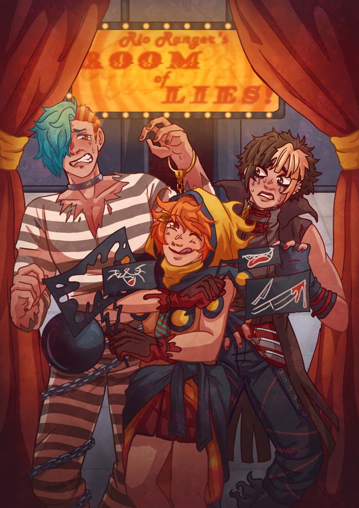 Alice, Reko, and Rio Ranger from the game Your Turn To Die. They are in a game show like setting, with bright red curtains framing the characters in the middle of the drawing. Behind them is a big grey room with an open door in the very center of the piece. Above them is a flashing yellow sign with the words "Rio Ranger's Room of Lies!" in bright red. Alice and Reko stand behind Rio to either side of him. They both look distressed, with Alice in tears and Reko sweating profusely. They  both stare at Ranger, who is winking to the viewer with a sly smile.  He is holding 4 black signs up. One is held up in front of Alice's stomach and has a large, cartoonish hole in it. Another is held up to Reko's stomach and has two knives on it, with one of the knives covered in blood. Both signs foreshadow one of the characters deaths in game. The other two signs are ones he has in game, and are cartoonish mouths.