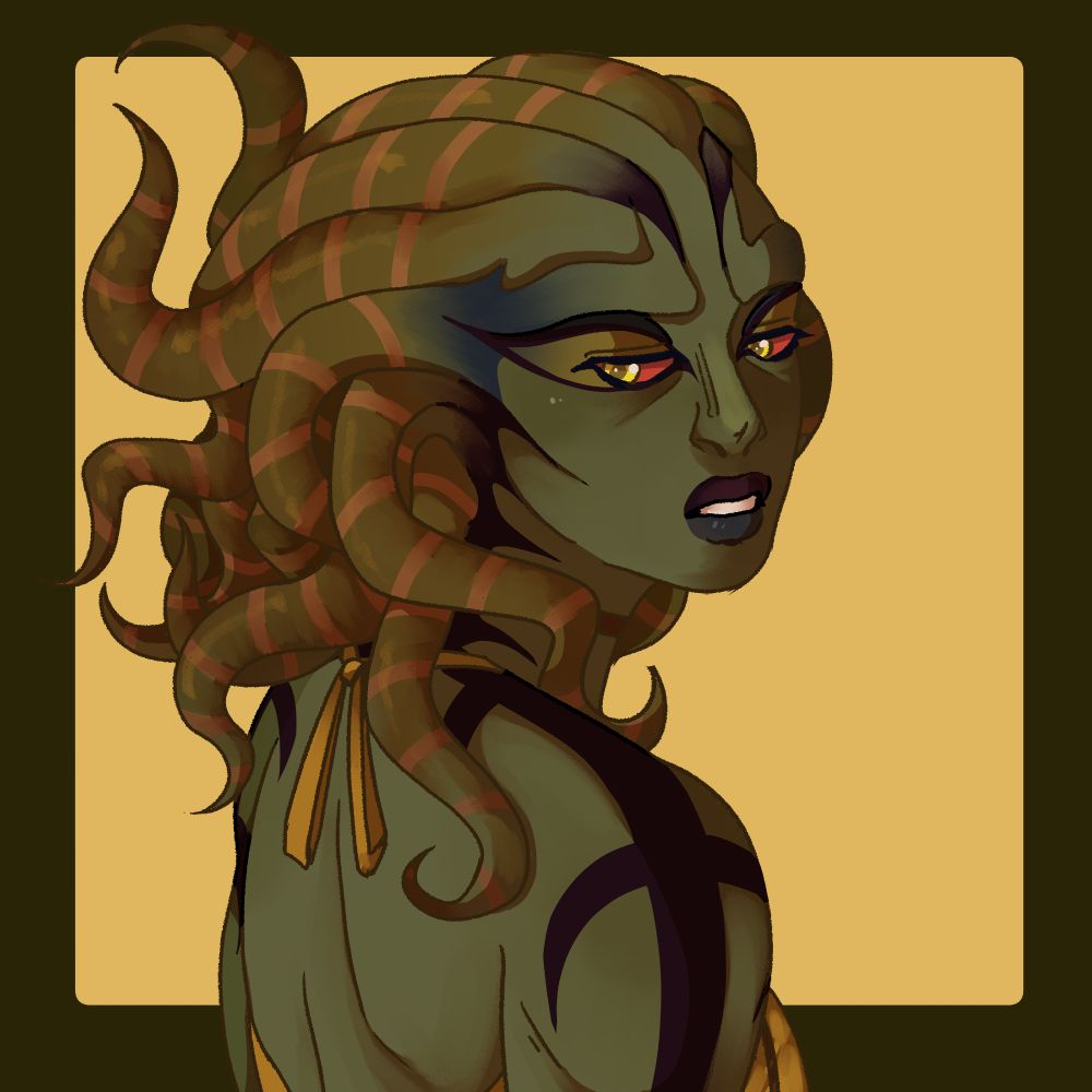 a drawing of Vraska from Magic: The Gathering. It is a shoulders up drawing with her looking back to the camera over her shoulder. She wears a bright yellow shoulder-less top that ties in the back. She looks indifferent as she stares behind her. The background is a simple yellow square.