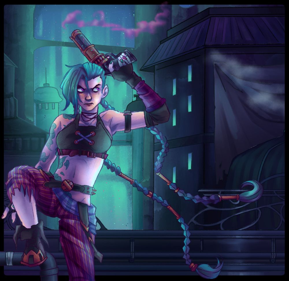 Jinx holding her pistol above her head, with pink smoke coming off of it. Her hair is blowing in the wind and she's staring angrily to her left. Behind her is a brightly lit Zaun, the light coming from behind her.