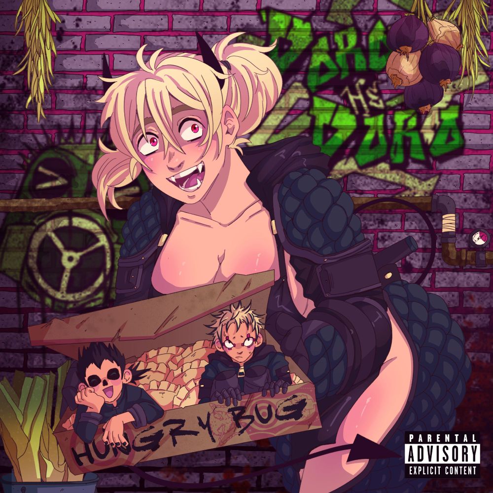 Nikaido from Dorohedoro. She is wearing her devil uniform, with black armor and a black apron. She holds a box of gyoza with a tiny Rizu and Azu sitting inside of it. She smiles brightly at the camera and her tail is wrapped around her. The background is a brick wall with graffiti on it. The artwork is Kaiman and the word Dorohedoro in green. There is a rusty pipe, with hanging herbs and pipes, and leeks in a dirty bucket. On the bottom right of the corner is a parental advisory logo.