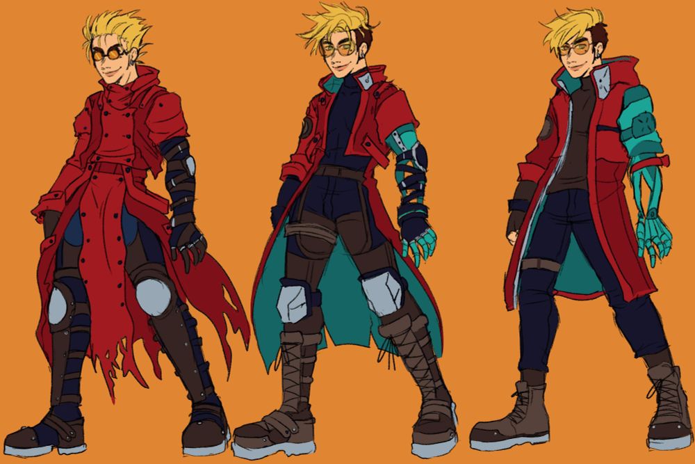 3 fullbody designs for Vash the Stampede. On the left is his '98 design and on the right is his Stampede design. In the middle is my own design for him that is a hybrid of the two. It includes Stampede's glass arm, hair, and blue coat lining, and also 98's Knee pads, belts, and silhouette. The background is a warm yellow.