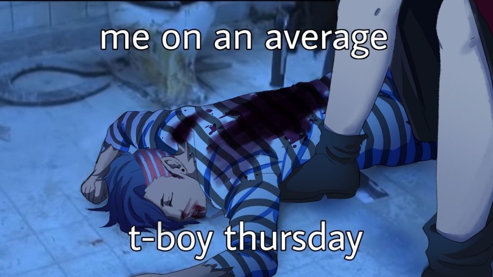 Alice yabusame bleeding to death in the saw bathroom. Next to him is Rio Ranger. The text over the image says "me on an average t-boy thursday"