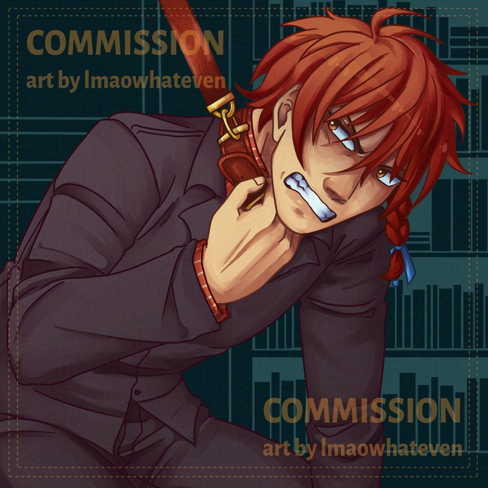 Aki from the game ZENO. He is grimacing and holding onto a collar around his neck. Attached to the collar is a leash that is being pulled off screen. He wears a black suit with a red pinstriped button-up. Behind him is a dark teal background with a simple silhouetted bookshelf. There is a subtle yellow watermark bordering the artwork with the words "COMMISSION are by lmaowhateven" in two corners of the drawing. 