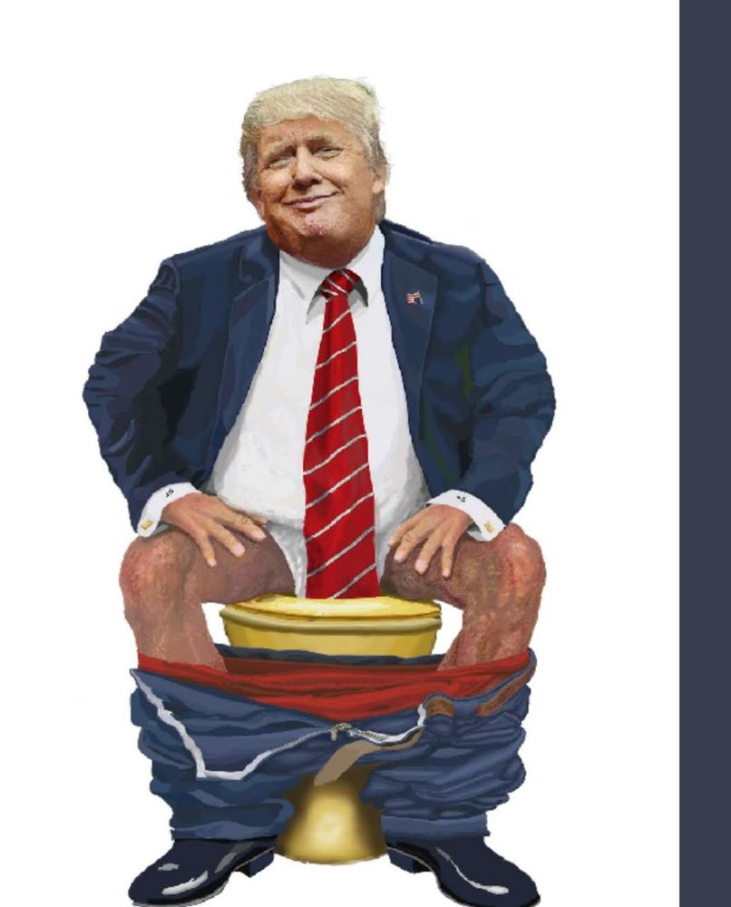 Trump on a gold toilet with his tie dipping in the bowl 