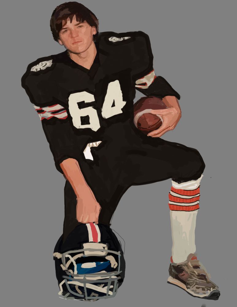 A16 yr old boy in full football gear kneeling with Right arm resting on hos helmet