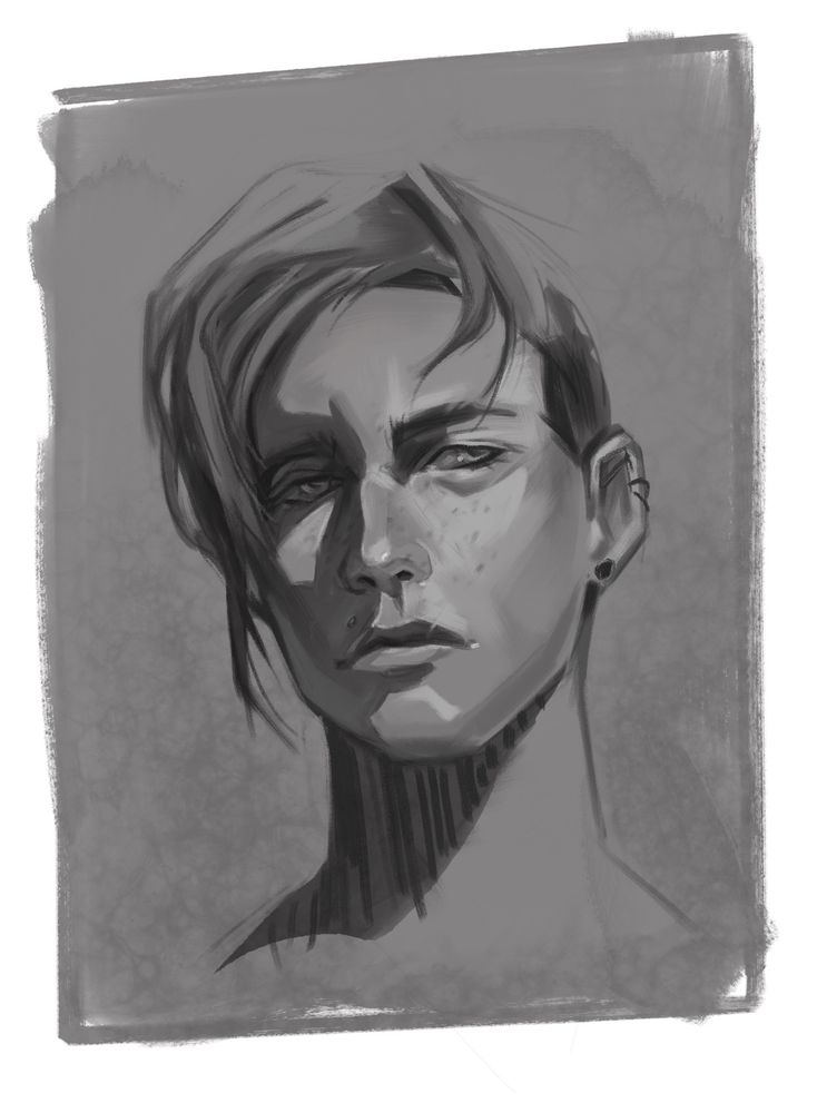 Digital portrait sketch in greyscale, young man with a side shave and long swoopy bangs