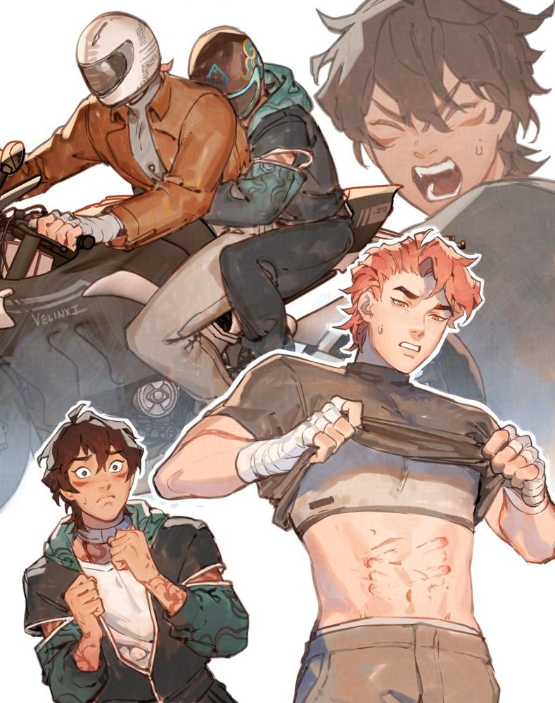 Doodle collage of Iris and Lillium from the webcomic countdown to countdown. The first doodle is Iris clutching at Lillium while riding a motorcycle, he is screaming. The last doodle is Iris staring nervously as Lillium lifts up his shirt to reveal a bunch of scratches on his stomach