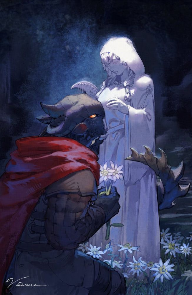 Original character piece of a humanoid dragon planting flowers around a statue of a princess playing a crescent moon-shaped lyre.