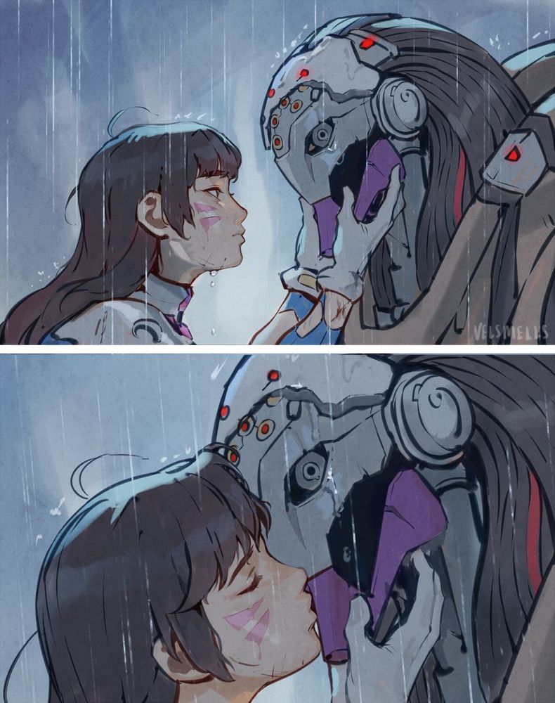 Fan art of Ramattra and Dva from Overwatch. Ramattra’s face plate is broken and Dva leans in to kiss the metal face beneath it in the rain.