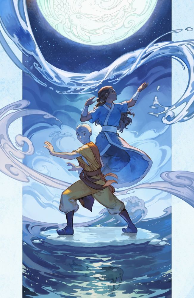 Illustration of Aang and Katara, both air bending and water bending respectively. The water below and the moon above have koi fish based on the moon/ ocean spirits