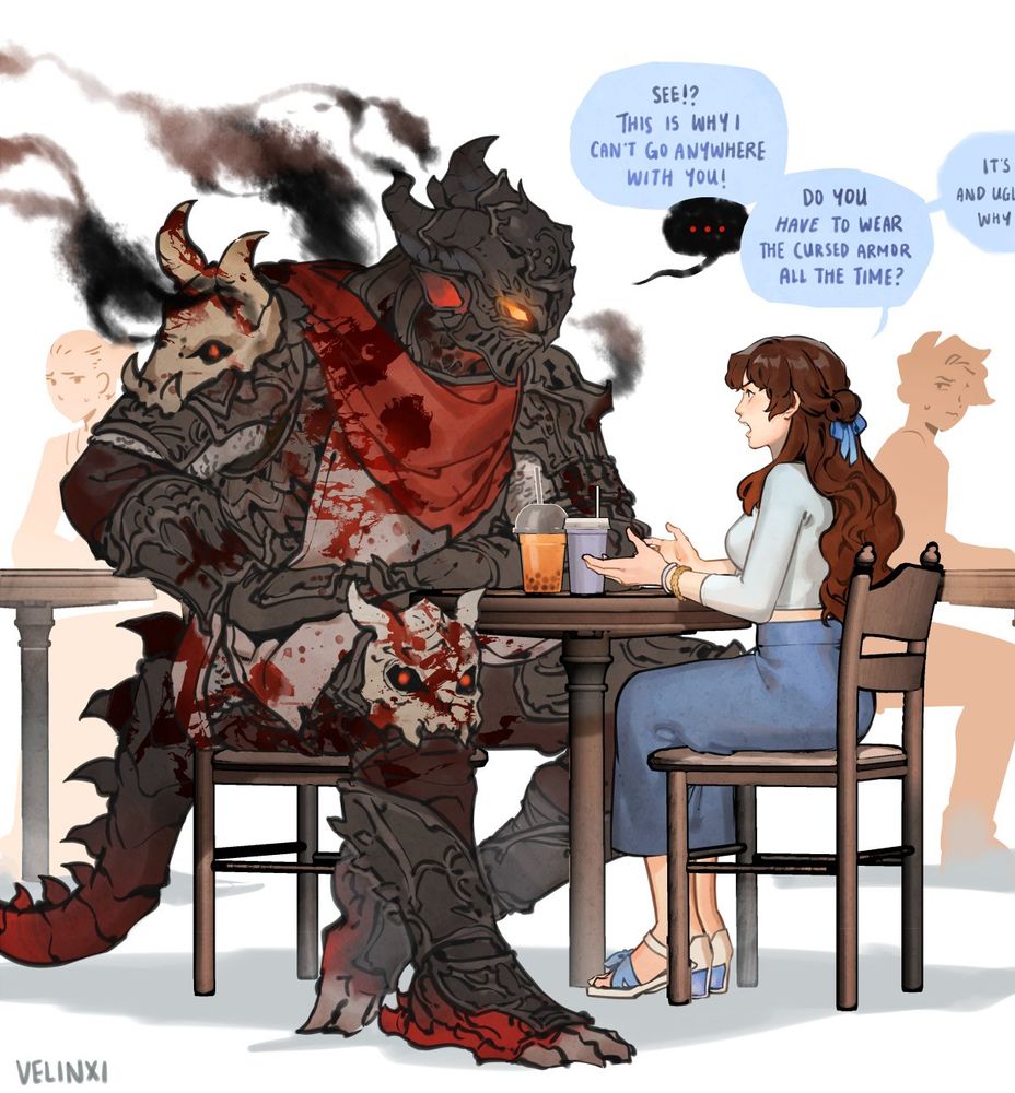 A lady and a humanoid dragon in full armor are at a cafe. She’s yelling at them for wearing cursed armor everywhere