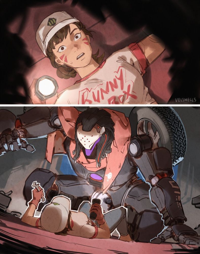 Transformers AU of Dva and Ramattra from Overwatch. Dva is performing maintenance on a bike who transforms into Ramattra.