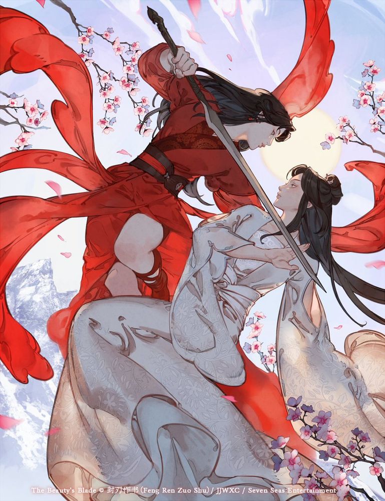 Two women locked gazes with one another in the sky. One dressed in red holds the other, dressed in white, at sword point. 