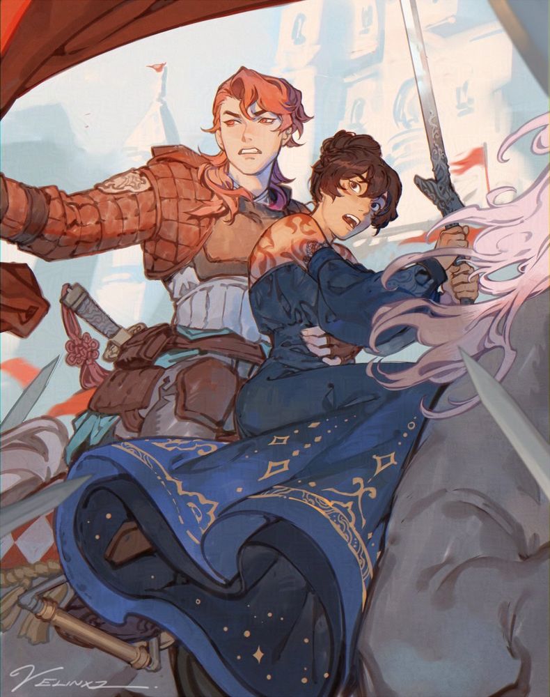 Lillium and Iris in a fantasy setting as a thief and a princess on horseback.