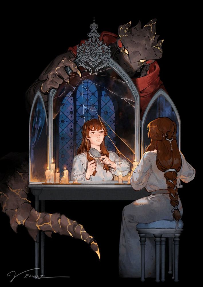 Painting of my OCs. The woman named Sylfri sits in front of a mirror brushing her hair. The dragon Drahan is behind the mirror, cracking the surface with a claw.