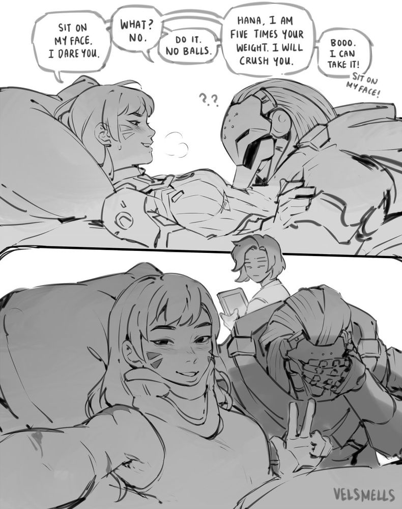 Dva goads ramattra into sitting on her face. He ends up breaking her neck, forcing her to wear a neck brace proudly. Sorry you guys had to read this.