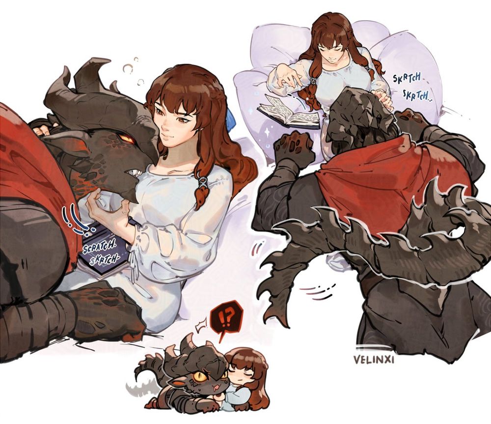 A series of doodles of my OC human scratching the chin of my OC dragon like a dog