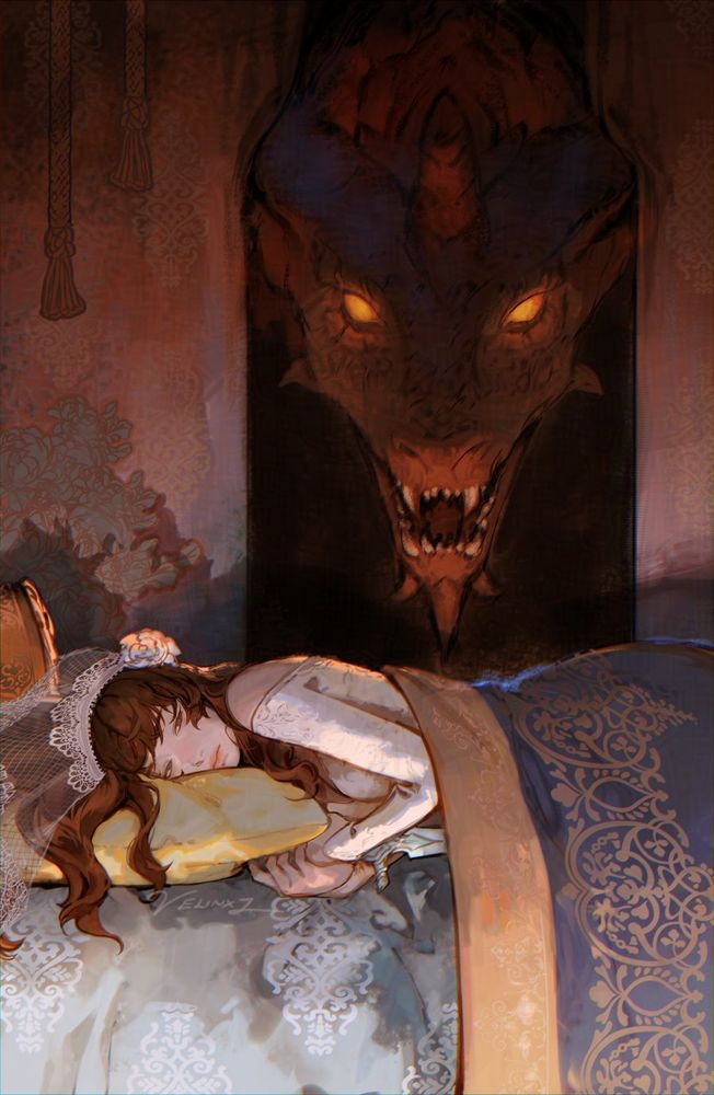 A girl in a wedding dress and veil lays in bed with a dagger hidden beneath the blankets as a dragon looms behind her, parting some curtains