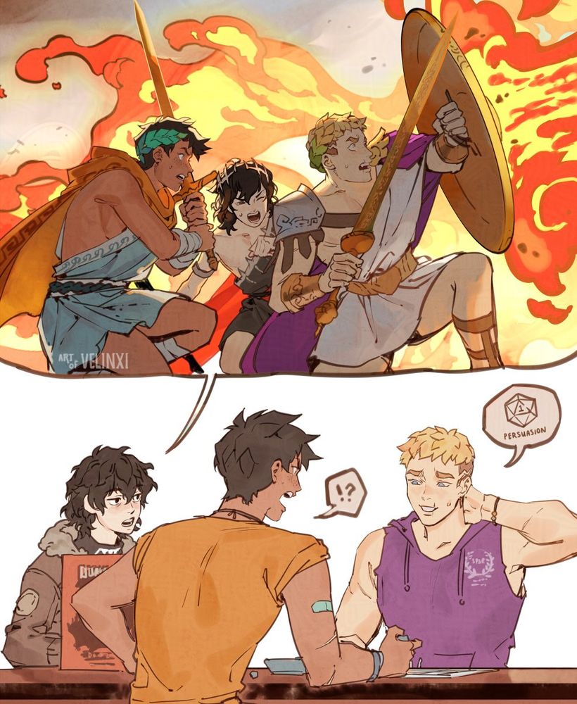 Percy, Jason, and Nico from PJO play DND together. They are imagining themselves in their Greek young gods AU costumes as they’re being set aflame.