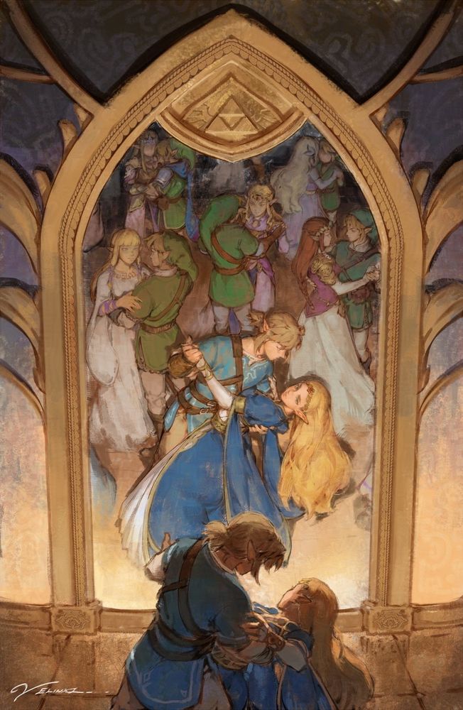 Legend of Zelda fan art. BOTW link and Zelda and dancing in front of a mirror whose reflection shows multiple iterations of other Zelda’s and links dancing together in the background.