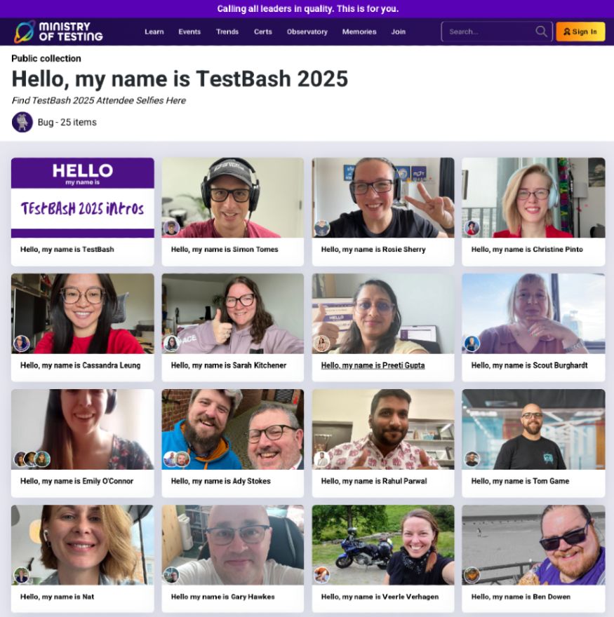 Screenshot of TestBash attendees sharing selfies and introducing themselves.