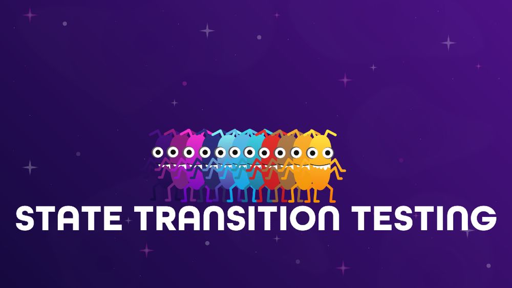  A digital illustration of a sequence of colourful bug characters transitioning from one state to another, forming a line, with the text "STATE TRANSITION TESTING