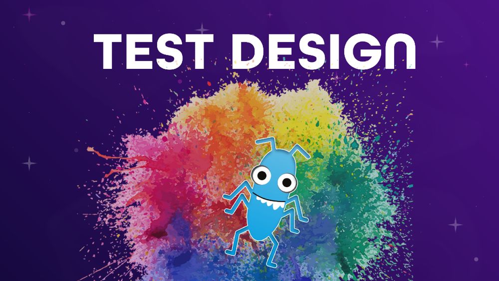 A digital illustration of a blue cartoon bug standing in front of a colorful paint explosion, with the text "TEST DESIGN.