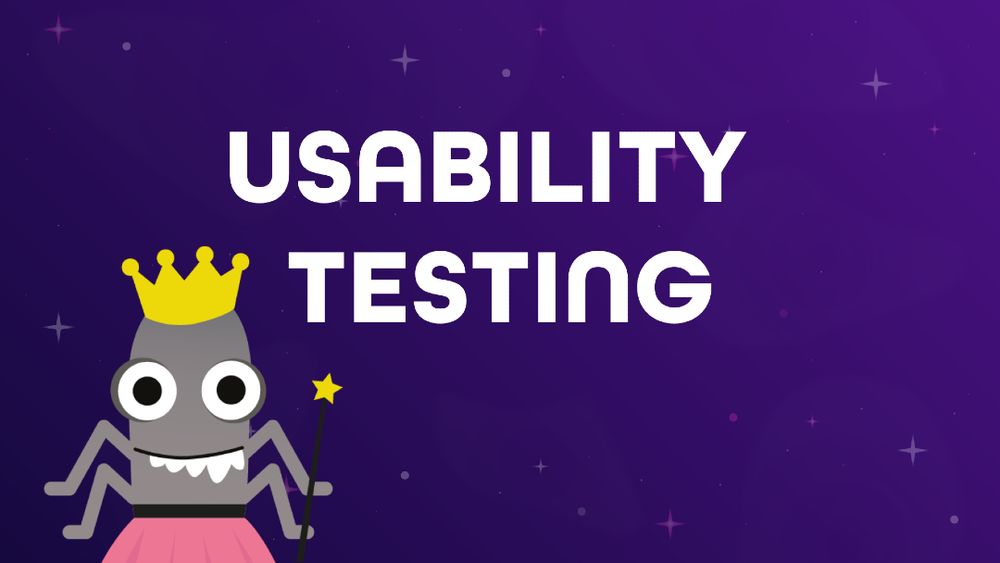 A digital illustration of a cartoon bug character wearing a yellow crown, a pink skirt, and holding a magic wand, representing usability testing. The background is deep purple with subtle stars, and the text "USABILITY TESTING" is displayed in bold white letters.