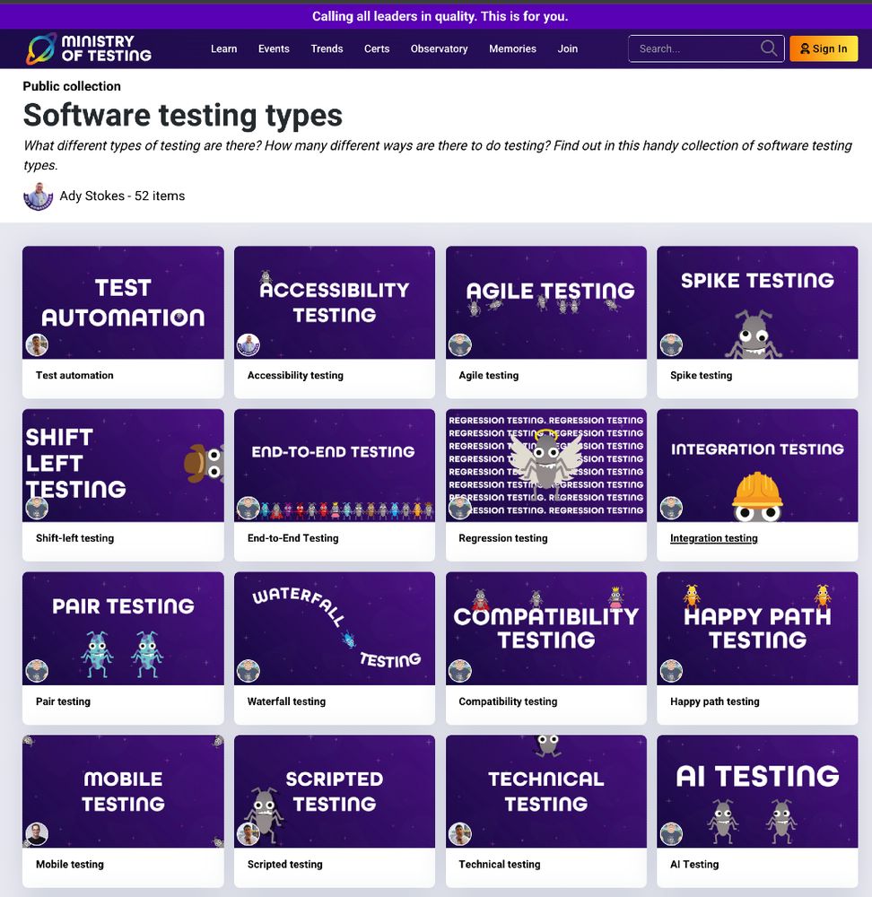 Screenshot of part of a collection that list many software testing types.