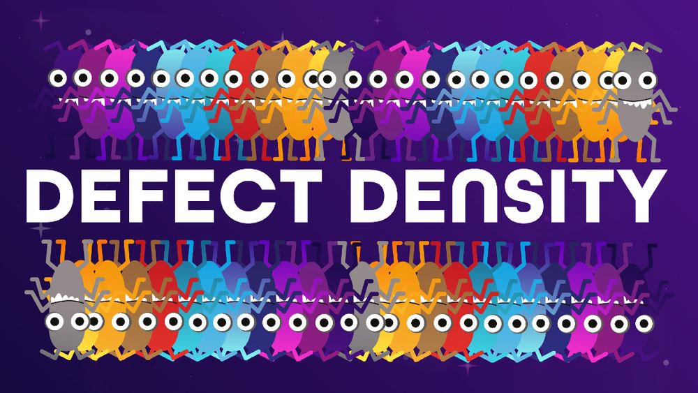 A digital illustration with a large group of colourful bug characters stacked together, representing density, with the text "DEFECT DENSITY" in bold white letters in the centre.