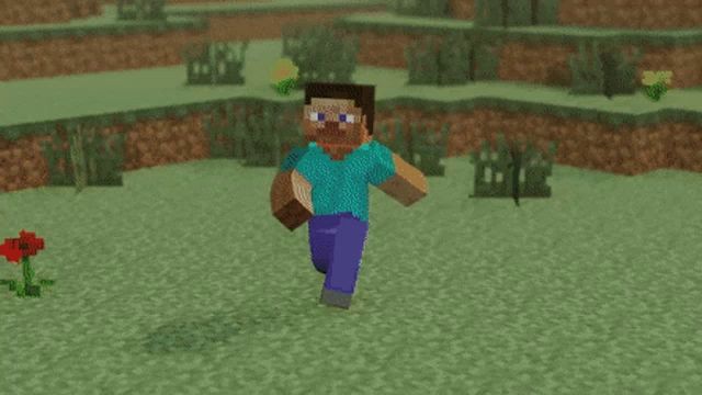 a man in a blue shirt is running in a minecraft game