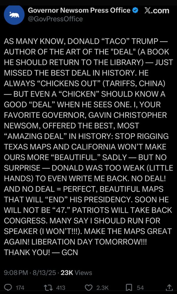 An all calls post from Gavin Newsoms press shop reading AS MANY KNOW, DONALD 