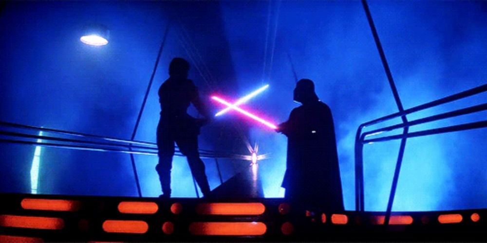 darth vader and luke skywalker fighting with lightsabers in a dark room