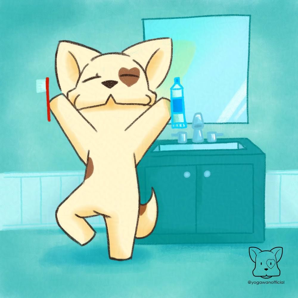 Yoga-Wan, the yoga-loving dog doing a tree pose, holding a toothbrush and toothpaste in a teal bathroom.