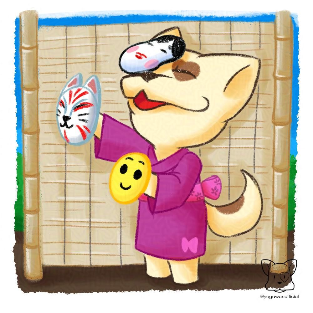 Yoga-Wan the yoga-loving dog wearing a yukata choosing a mask at a summer festival