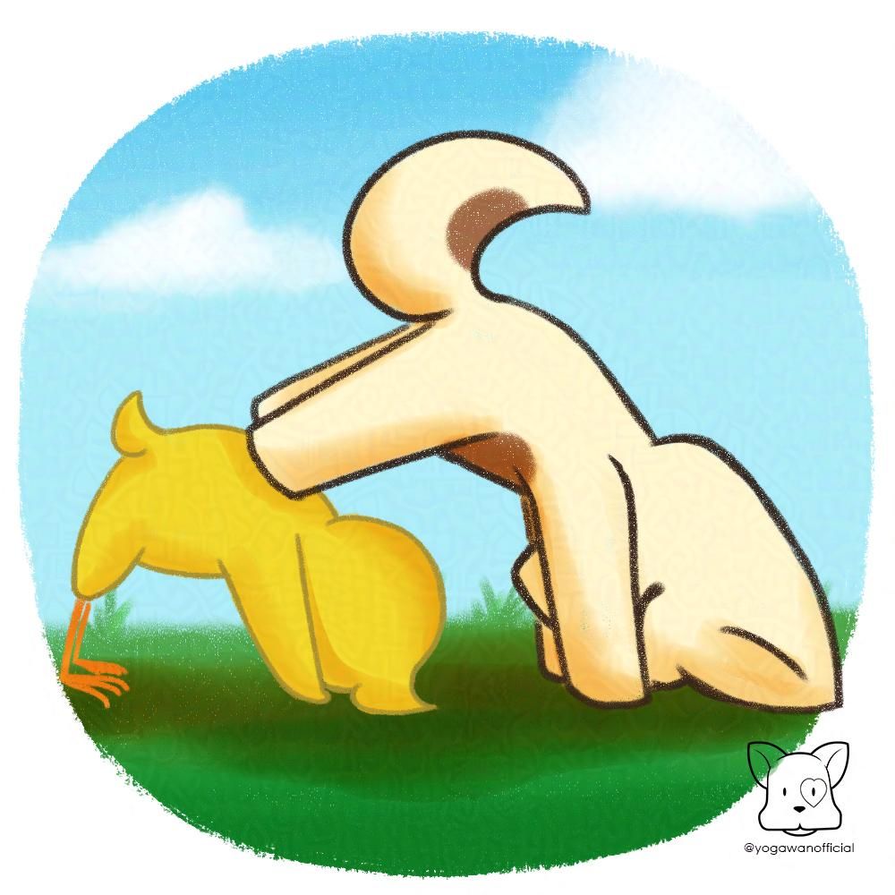 Yoga-Wan the yoga-loving dog is doing a yoga pose with it's friend Kokoro the Chick.