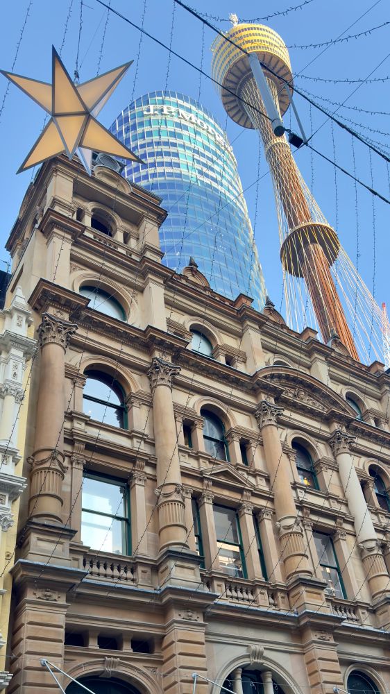 Contrast between the old and new, looking up at the skyline in Sydney’s Pitt Street Mall