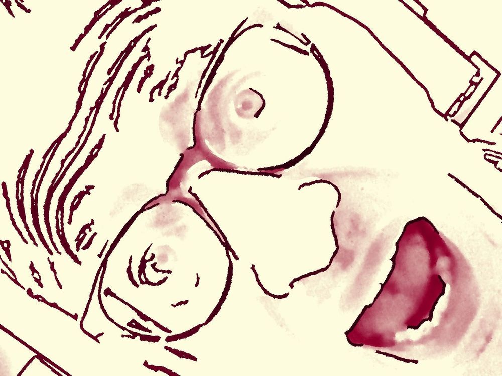 Drawing of man screaming. Yellow tinted with plum colored highlights. 