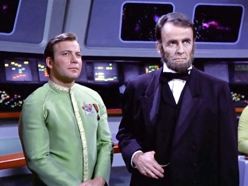 Abe Lincoln and James T. Kirk on the bridge of the starship Enterprise.