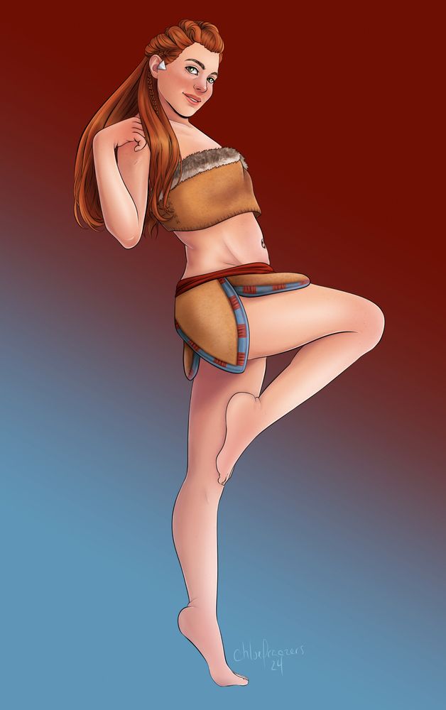 A digital painting of Aloy from the Horizon series against a red to blue gradient background. She is profile view, balanced on one foot with her lifted leg having a knee straight out before her. Her visible arm is bent with her hand touching her own shoulder. Aloy is in a vintage pinup-style swimsuit made to resemble her classic Nora outfit. 