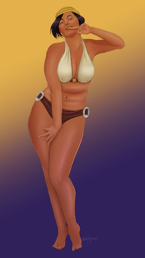 A digital painting of Petra from Horizon Zero Dawn and Horizon Forbidden West against a yellow to purple gradient background. She is standing with her hips cocked to the side and her head tilted back, and playfully biting one finger. She is in a bikini styled similar to her Oseram armour. 