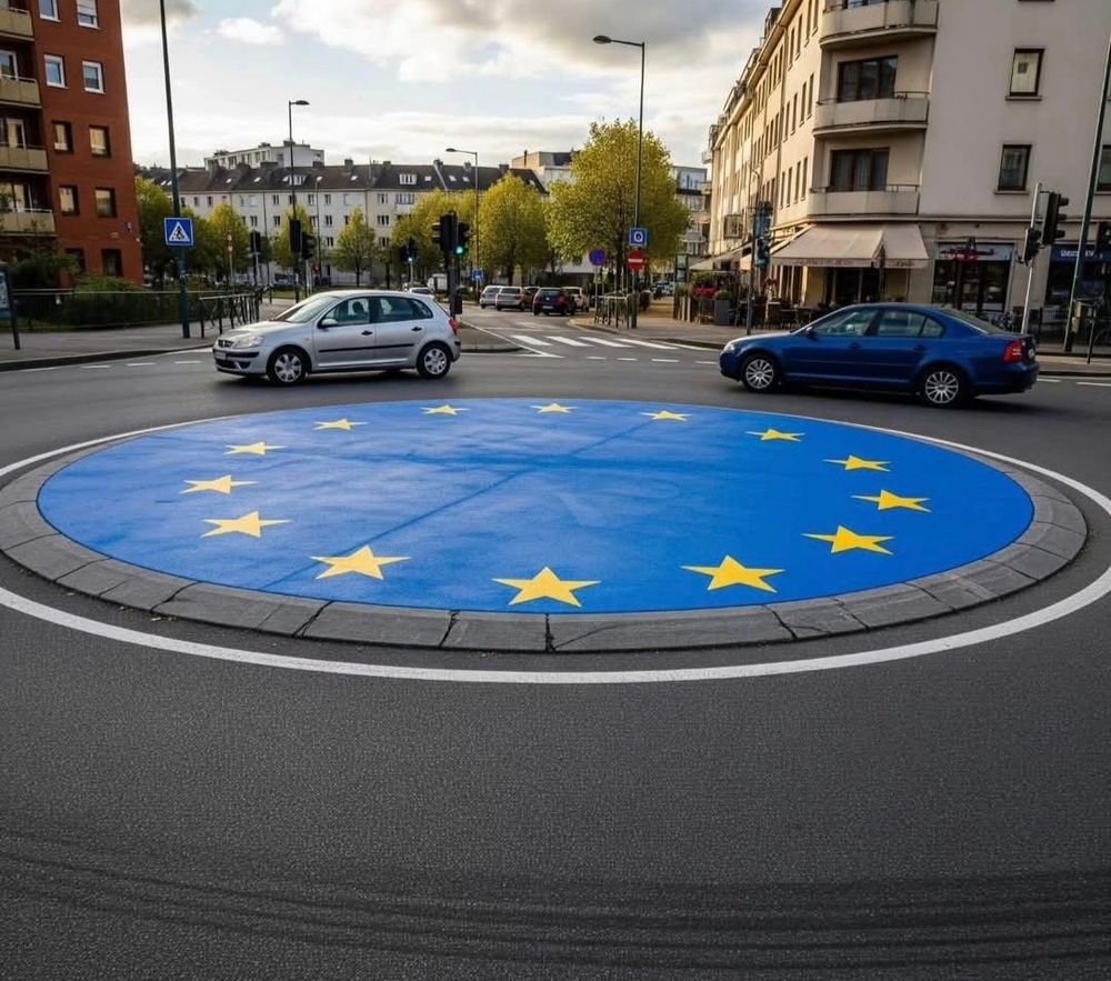 Image of car roundabout painted with European flag.