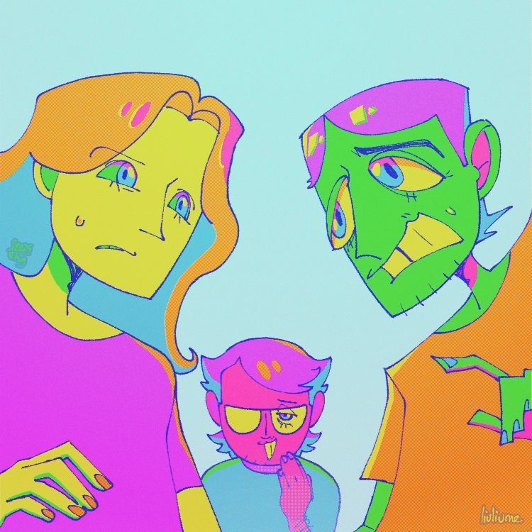 very colorful art of sam and adam anxiously looking at each other while ben smiles in the background