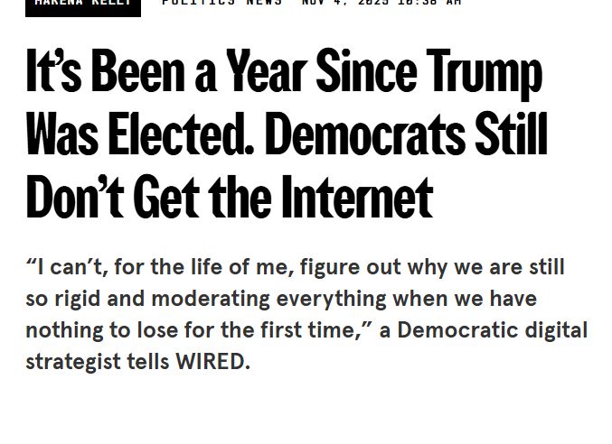 Wired screenshot: It’s Been a Year Since Trump Was Elected. Democrats Still Don’t Get the Internet
“I can’t, for the life of me, figure out why we are still so rigid and moderating everything when we have nothing to lose for the first time,” a Democratic digital strategist tells WIRED.