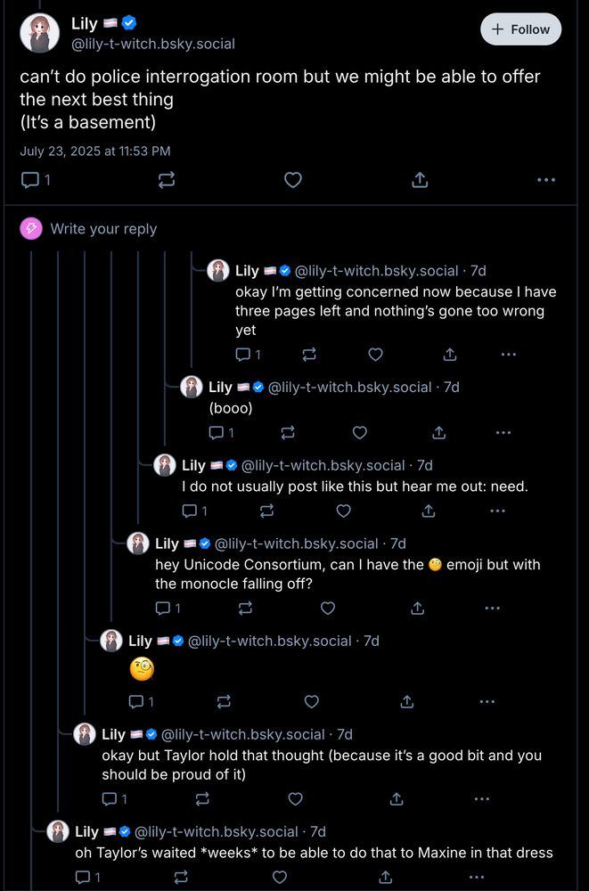 screenshot of a thread. there are replies, but they're in reverse order, including the indentation, which is largest at the top and shrinks as you go down.