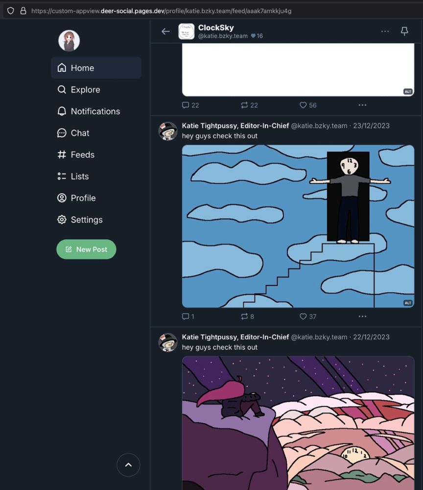 Screenshot of the deer.social web app (a bluesky fork) - Katie Tightpussy's ClockSky feed is open
