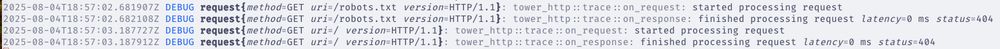 a screenshot of HTTP logs - there's a request to robots.txt immediately followed by one to / - both were 404s