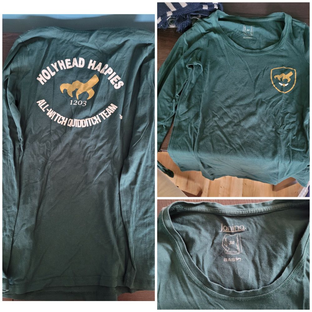 Collage eines grünen Langarmshirts in Größe M. Auf der Vorderseite ist oben links eine Wappenumrandung, darin eine Harpyien-Klaue, die nach einem Schnatz greift. Auf der Rückseite die gleiche Klaue in größer, darunter die Zahl 1203. Umrandet von der weißen Aufschrift "Holyhead Harpies All-witch quidditch team"