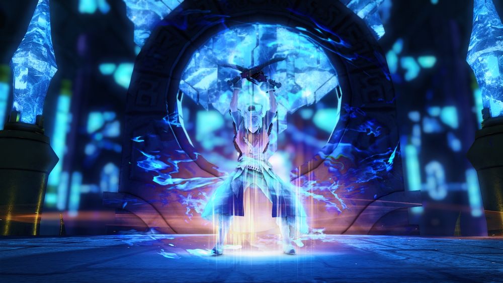 In a realm suffused with ethereal light and echoes of forgotten battles, a figure stands poised at the crossroads of destiny. Cloaked in shimmering blue, her garments blend seamlessly with the swirling magic that pulsates around them, a testament to their connection with the mystical energies that weave through the air. Two ornate blades, glimmering with an otherworldly sheen, rest confidently in her hands, each etched with intricate designs that tell tales of ancient power and unyielding resolve.

The miqo'te's feline ears hint at her unique lineage, exudes an aura of quiet strength and determination. Her gaze, both fierce and inviting, seems to pierce through the layers of reality itself, challenging the very fabric of what is known. It is as if they she carries the weight of countless worlds upon her shoulders, each battle fought sharpening their spirit, each hardship carving the lines of wisdom upon her  face.

Behind her, a vast portal shimmers with the promise of adventure, weaving together threads of past and future, drawing one’s imagination toward the countless stories that lie beyond. As she stands firm, a guardian and a warrior, one cannot help but feel the palpable tension in the air—the kind that forebodes great things to come. In their presence, one is left breathless, caught between the allure of the mystical and the echo of an impending journey.
