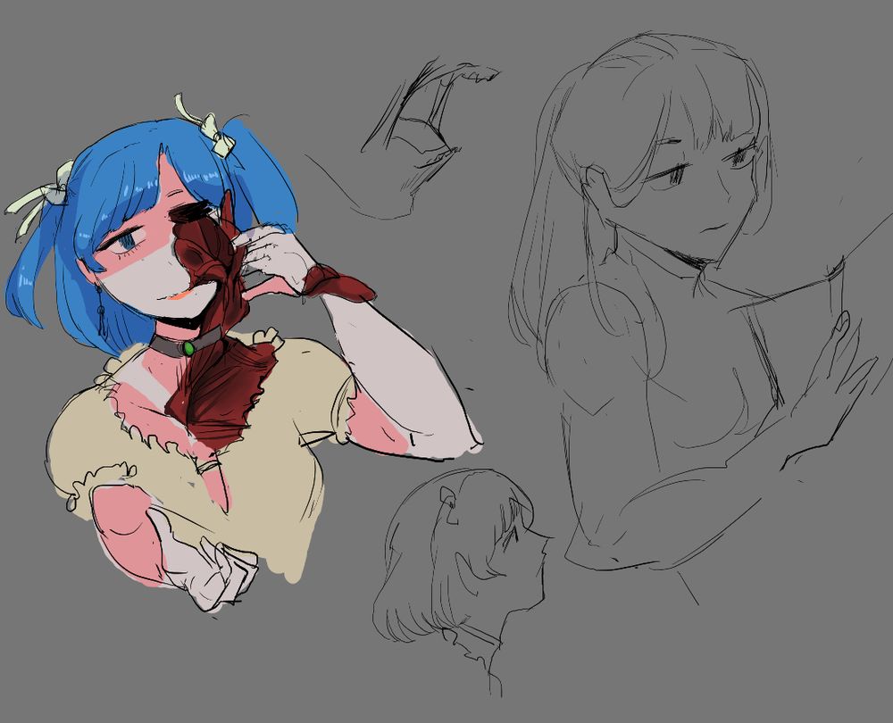 blue hair anime girl girl peeling skin and muscle off face and sketches of girl reading and studying (and a grotesque mouth opening)